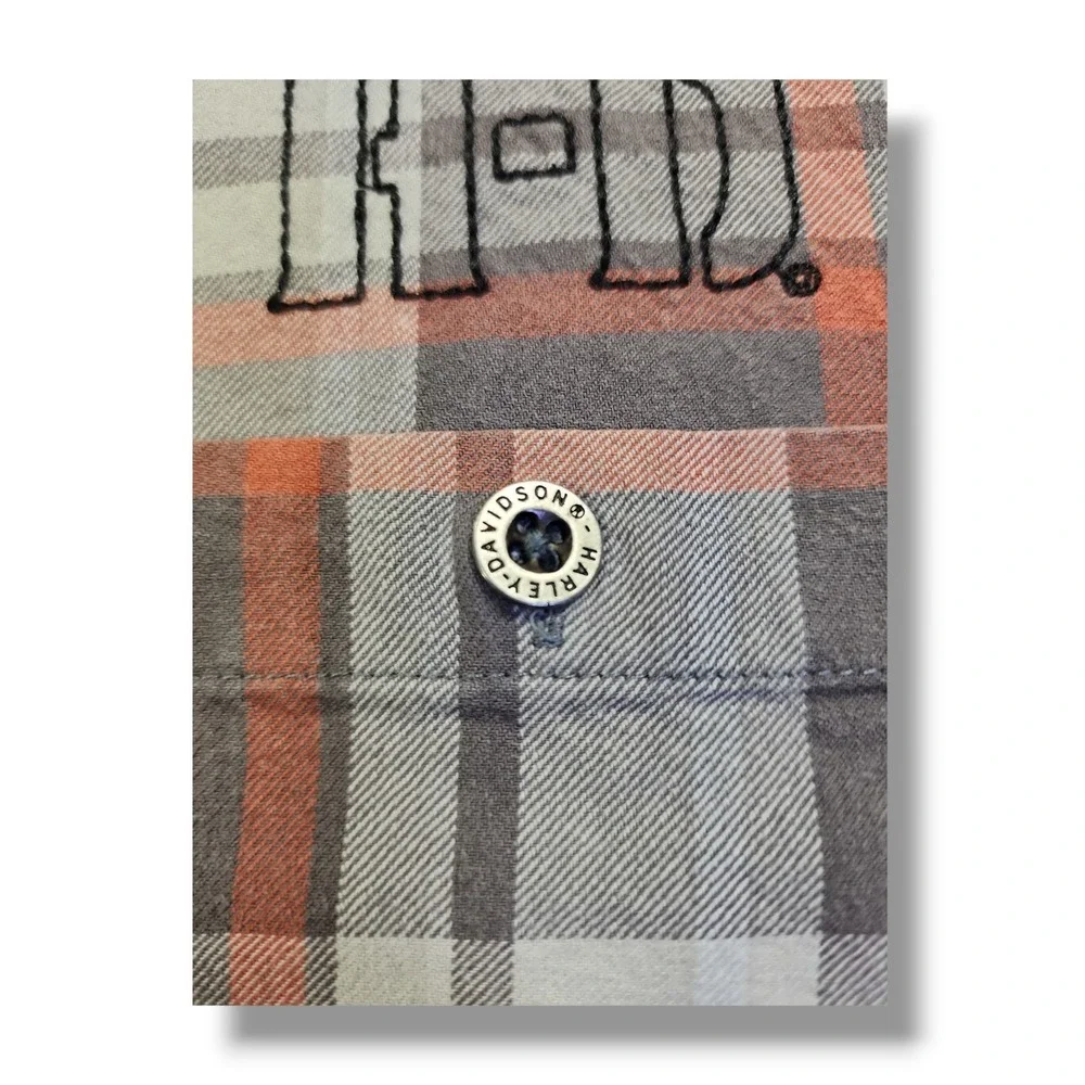 Harley Davidson Motorclothes Grey/Orange Plaid Button Down Long Sleeve Men's 2XL